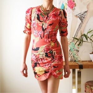 Linen Floral Coral Ruched Mini Dress - Women